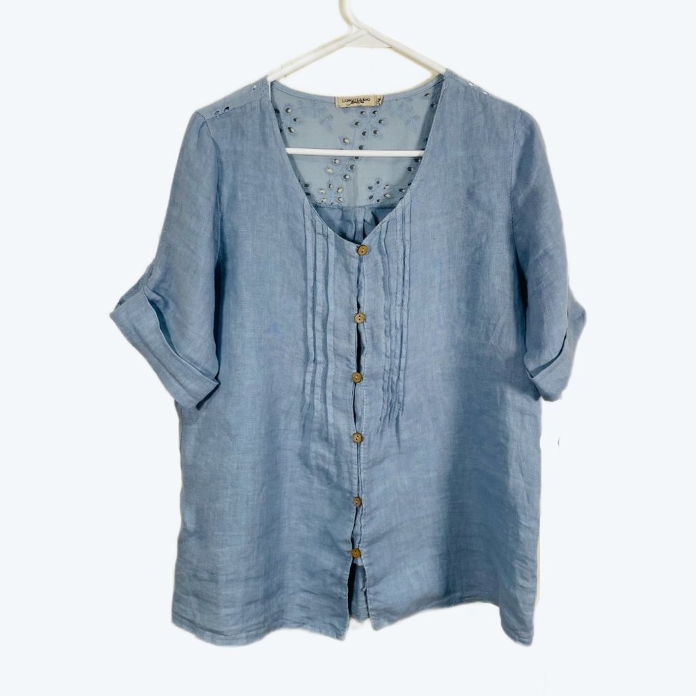 Lungo L'arno Italy Women's Boho Linen Top Blouse Size M Roll Tab Blue